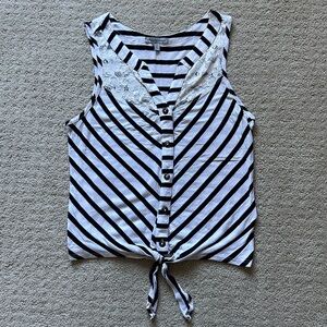 Charlotte Russe Black & White Striped Lace Front Tie Blouse